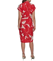Donna Karan Floral Print Short Sleeve Crepe Shirt Dress