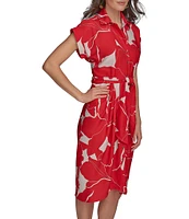Donna Karan Floral Print Short Sleeve Crepe Shirt Dress