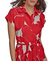 Donna Karan Floral Print Short Sleeve Crepe Shirt Dress