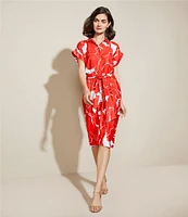 Donna Karan Floral Print Short Sleeve Crepe Shirt Dress