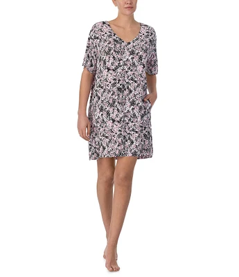 Donna Karan Floral Print Short Sleeve V Neck Knit Lounge Dress