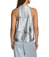 Donna Karan Floral Sequin Mock Neck Sleeveless Top