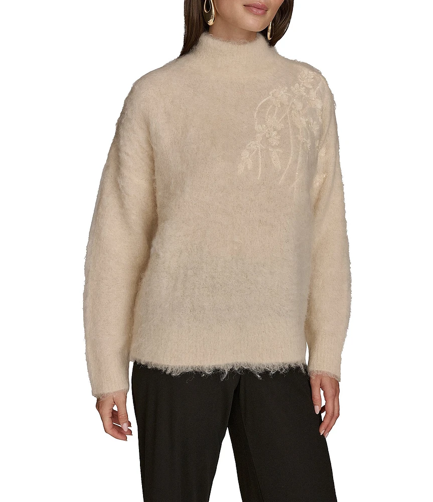 Donna Karan Floral Sequin Wool Blend Mock Neck Long Sleeve Oversized Sweater