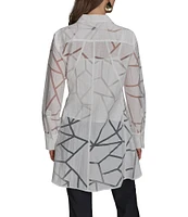 Donna Karan Geometric Burnout Spread Collar Long Sleeve Button-Front Tunic