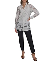 Donna Karan Geometric Burnout Spread Collar Long Sleeve Button-Front Tunic