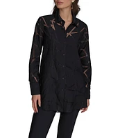 Donna Karan Geometric Burnout Spread Collar Long Sleeve Button-Front Tunic