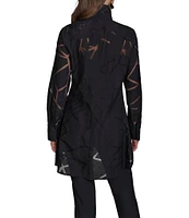 Donna Karan Geometric Burnout Spread Collar Long Sleeve Button-Front Tunic