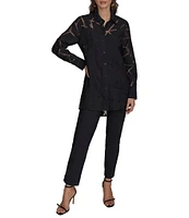 Donna Karan Geometric Burnout Spread Collar Long Sleeve Button-Front Tunic