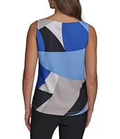 Donna Karan Geometric Printed Gold Shoulder Hardware Cowl Neck Sleeveless Top