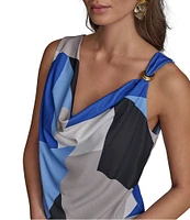Donna Karan Geometric Printed Gold Shoulder Hardware Cowl Neck Sleeveless Top
