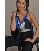 Donna Karan Geometric Printed Gold Shoulder Hardware Cowl Neck Sleeveless Top