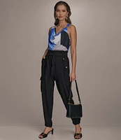Donna Karan Geometric Printed Gold Shoulder Hardware Cowl Neck Sleeveless Top