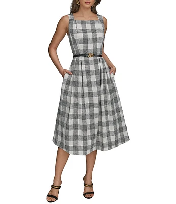 Donna Karan Gingham Tweed Square Neck A-Line Midi Dress