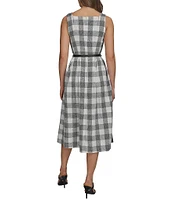 Donna Karan Gingham Tweed Square Neck A-Line Midi Dress