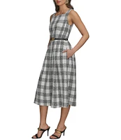 Donna Karan Gingham Tweed Square Neck A-Line Midi Dress