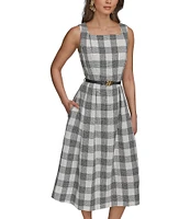 Donna Karan Gingham Tweed Square Neck A-Line Midi Dress