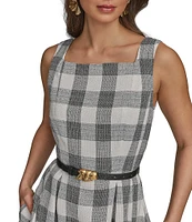 Donna Karan Gingham Tweed Square Neck A-Line Midi Dress
