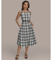 Donna Karan Gingham Tweed Square Neck A-Line Midi Dress