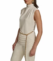 Donna Karan Gold #double;DK#double; Chain Belt Mock Neck Cap Sleeve Ruched Top