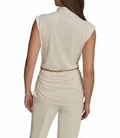 Donna Karan Gold #double;DK#double; Chain Belt Mock Neck Cap Sleeve Ruched Top