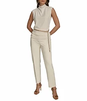 Donna Karan Gold #double;DK#double; Chain Belt Mock Neck Cap Sleeve Ruched Top