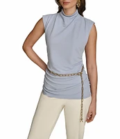 Donna Karan Gold #double;DK#double; Chain Belt Mock Neck Cap Sleeve Ruched Top