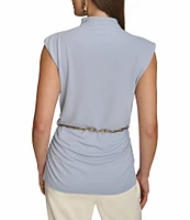 Donna Karan Gold #double;DK#double; Chain Belt Mock Neck Cap Sleeve Ruched Top