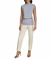 Donna Karan Gold #double;DK#double; Chain Belt Mock Neck Cap Sleeve Ruched Top