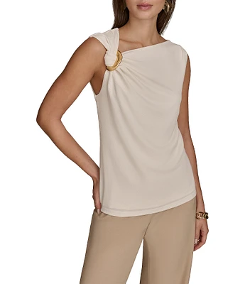 Donna Karan Gold-Hardware Twisted Asymmetrical Shoulder Sleeveless Top