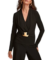 Donna Karan Gold Hardware Wrap Front V-Neck Long Sleeve Top