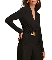 Donna Karan Gold Hardware Wrap Front V-Neck Long Sleeve Top