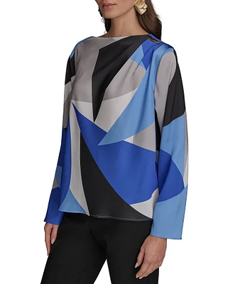 Donna Karan Gold Shoulder Hardware Geometric Printed Boat Neck Long Sleeve Top