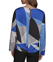 Donna Karan Gold Shoulder Hardware Geometric Printed Boat Neck Long Sleeve Top