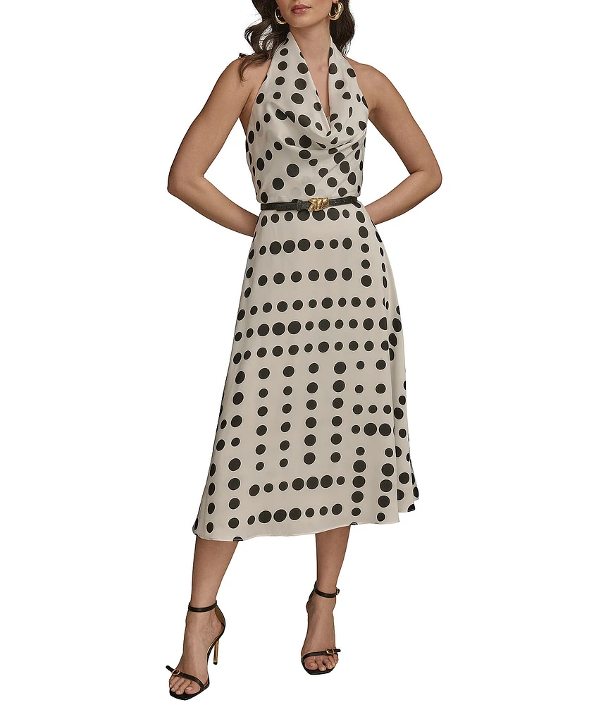 Donna Karan Halter Cowl Neck Dotted Midi Dress