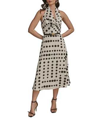 Donna Karan Halter Cowl Neck Dotted Midi Dress
