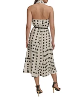 Donna Karan Halter Cowl Neck Dotted Midi Dress