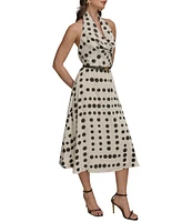 Donna Karan Halter Cowl Neck Dotted Midi Dress