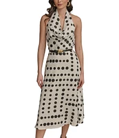 Donna Karan Halter Cowl Neck Dotted Midi Dress