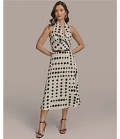 Donna Karan Halter Cowl Neck Dotted Midi Dress
