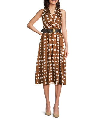 Donna Karan Halter Neck Polka Dot Print Belted Midi Dress