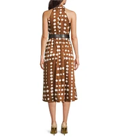 Donna Karan Halter Neck Polka Dot Print Belted Midi Dress