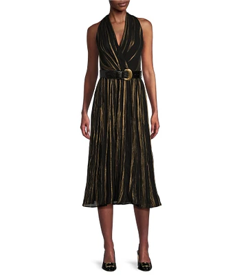 Donna Karan Halter V-Neck Sleeveless Belted Metallic Crinkle Chiffon Fit and Flare Midi Dress