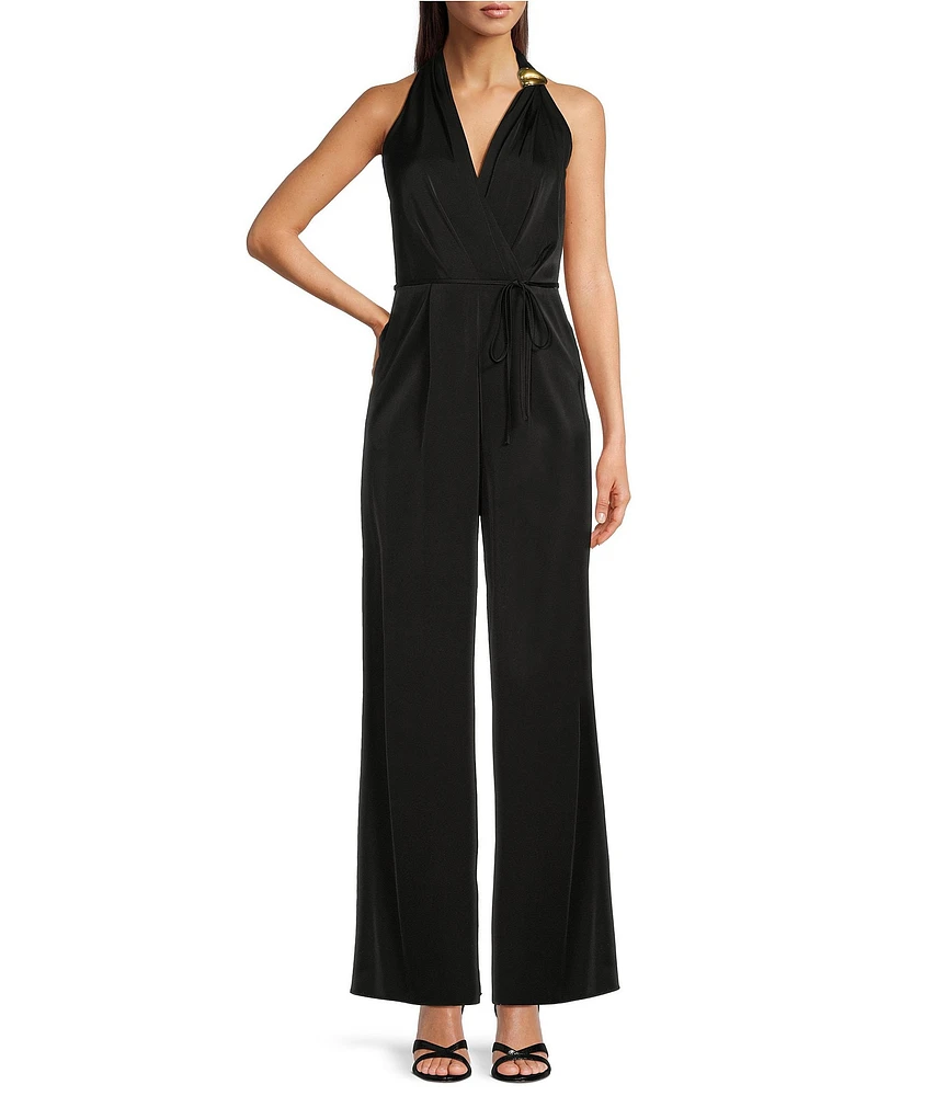 Donna Karan Halter V-Neck Sleeveless Tie Sash Jumpsuit