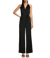 Donna Karan Halter V-Neck Sleeveless Tie Sash Jumpsuit
