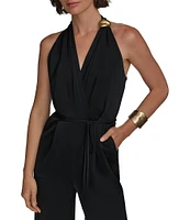 Donna Karan Halter V-Neck Sleeveless Tie Sash Jumpsuit