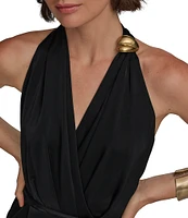 Donna Karan Halter V-Neck Sleeveless Tie Sash Jumpsuit