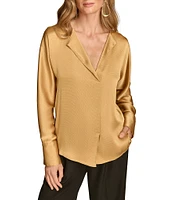 Donna Karan Hammered Satin V-Neck Long Sleeve Popover Blouse