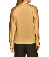 Donna Karan Hammered Satin V-Neck Long Sleeve Popover Blouse