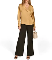 Donna Karan Hammered Satin V-Neck Long Sleeve Popover Blouse