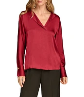 Donna Karan Hammered Satin V-Neck Long Sleeve Popover Blouse